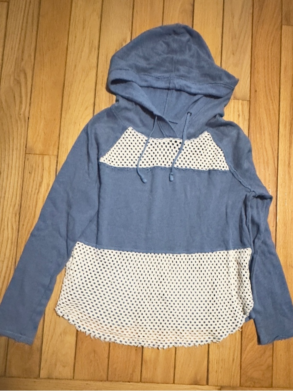 We The Free Light Blue Hooded Knit Top with Cream Crochet Panels